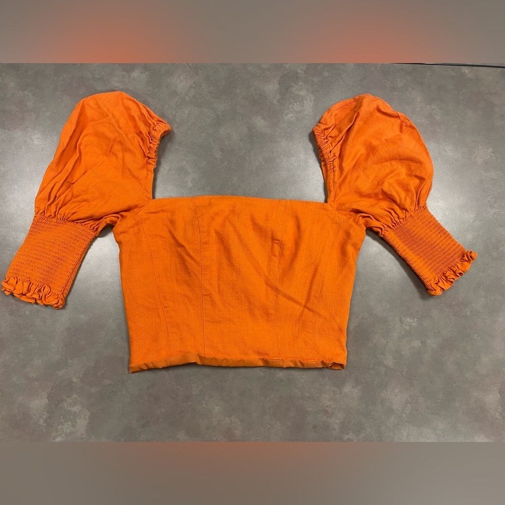 NICHOLAS Burnt Orange Linen Puff Sleeve Crop Top Size 2